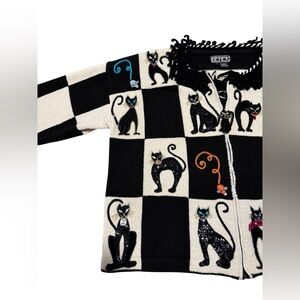 Rare Vintage Berek Black and White Checkered Cat Sweater Size Large